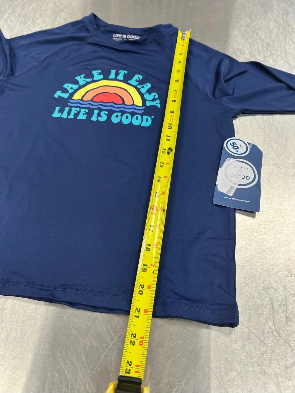 Life Is Good Kids 50 UPG Navy Performance Tee with White Logo XL